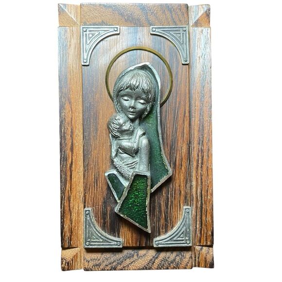 Other - Vintage Peltro Cesselato A Mano Madonna Pewter Sculpture Wood Easel Frame Italy